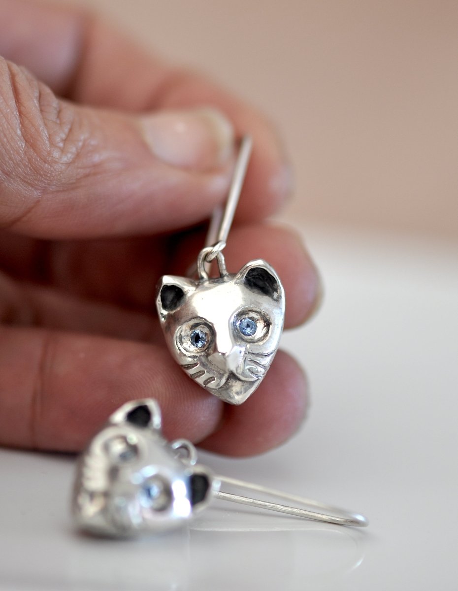 Sterling Silver Cat Earrings with Aquamarine — Dangle Cat Face Earrings | Handmade Cat Lover Gift