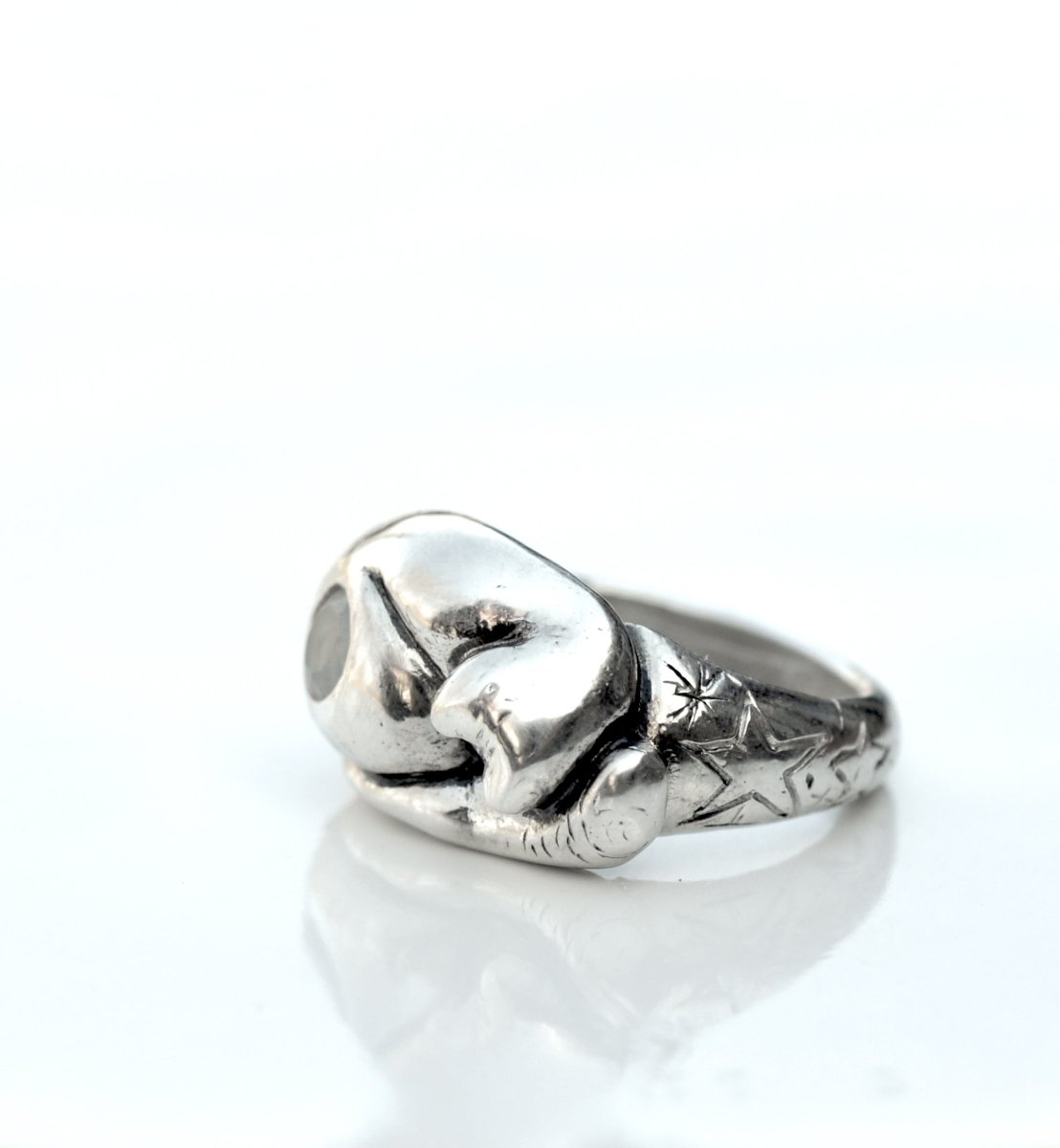 Sterling Silver Cat Ring with Opal — Handmade Cat Jewelry with Tahitian Opal | Cat Lover Gift