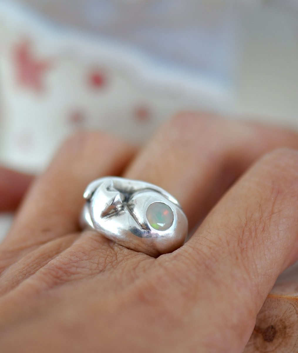 Sterling Silver Cat Ring with Opal — Handmade Cat Jewelry with Tahitian Opal | Cat Lover Gift
