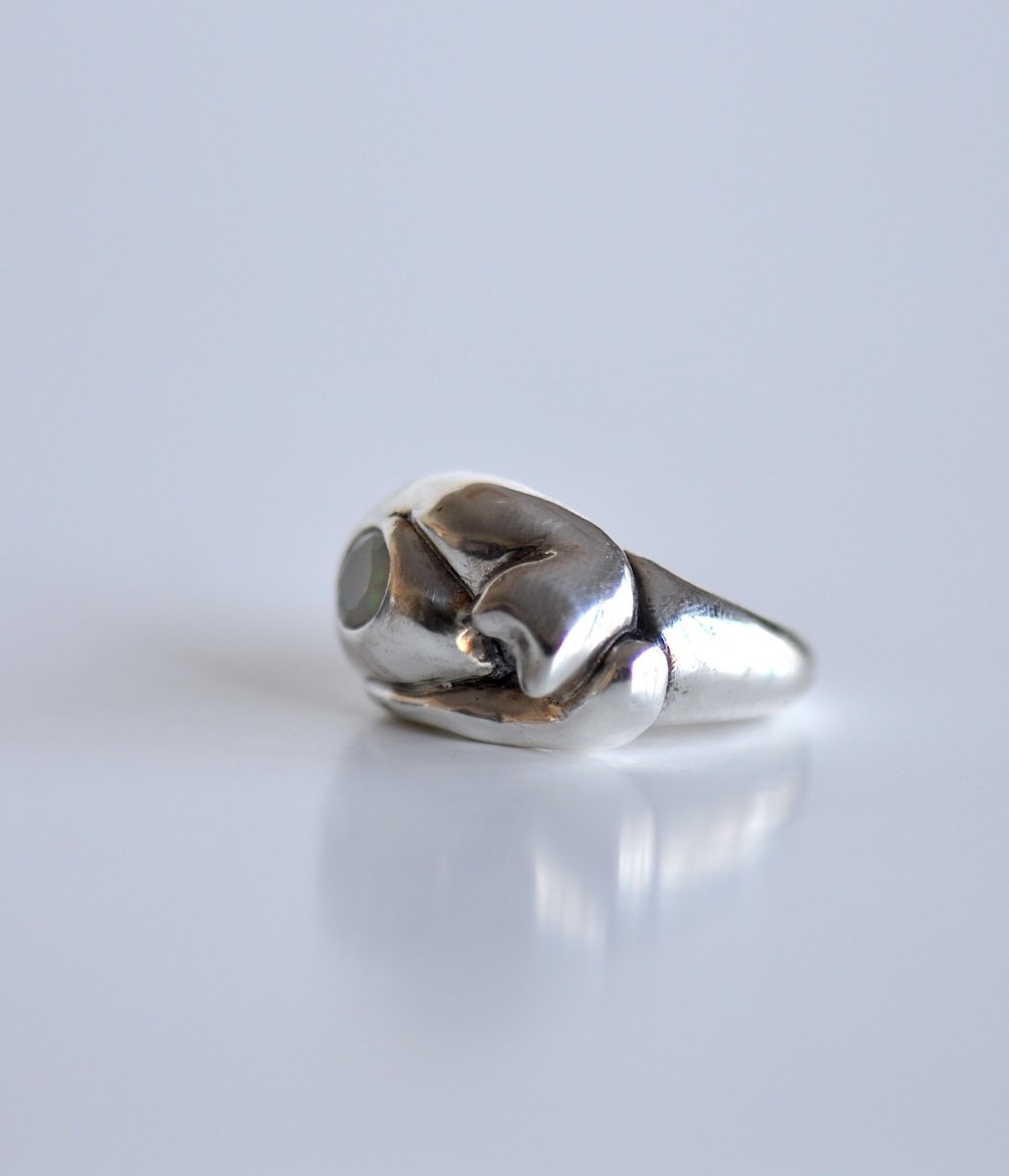 Sterling Silver Cat Ring with Opal — Handmade Cat Jewelry with Tahitian Opal | Cat Lover Gift