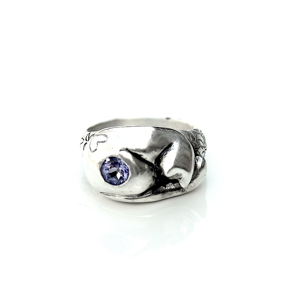 Sterling Silver Cat Ring with Opal — Handmade Cat Jewelry with Tahitian Opal | Cat Lover Gift