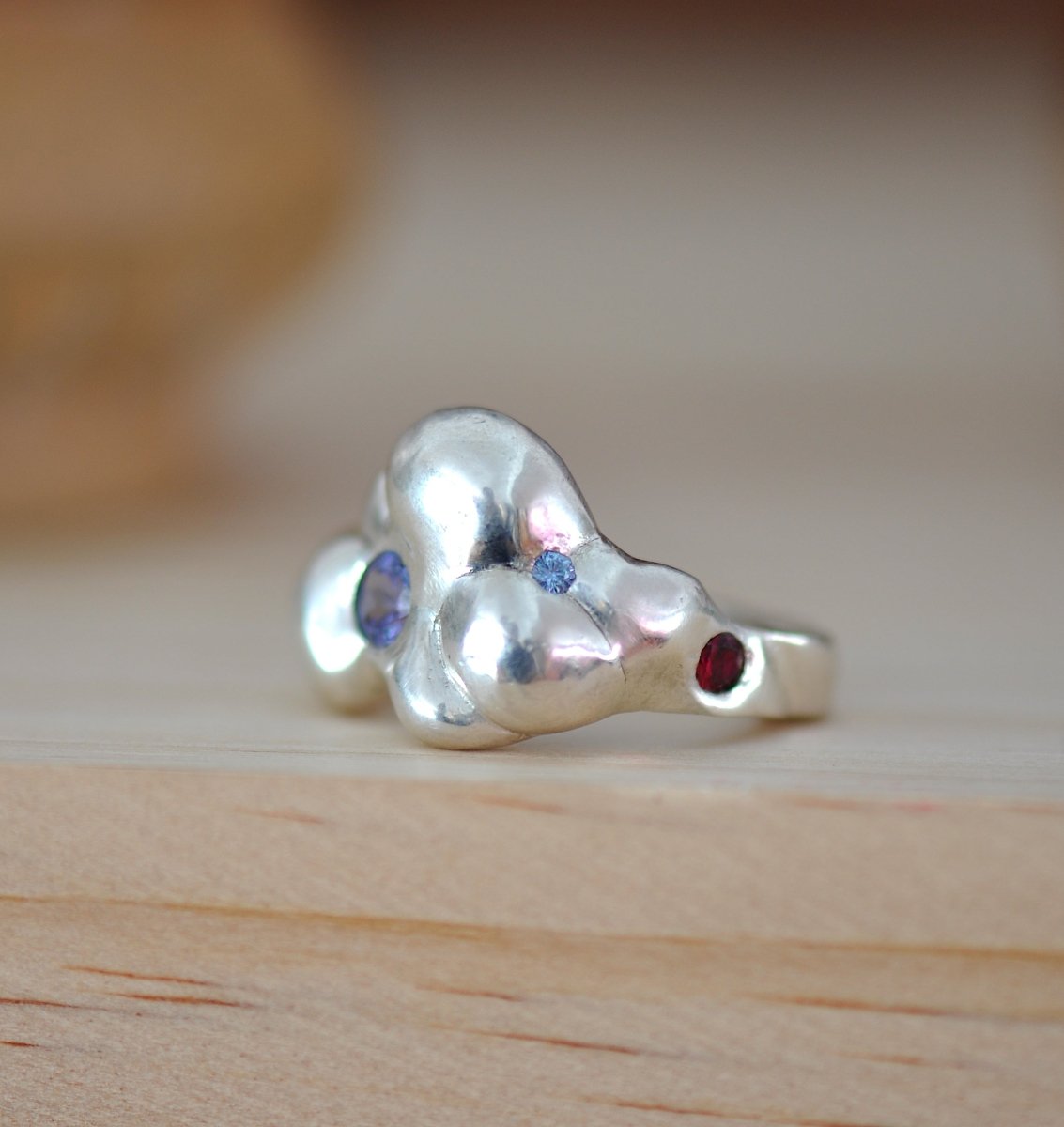 Sterling Silver Cloud Ring — Tanzanite, Aquamarine & Ruby Gemstone Ring | Handmade Statement Ring - The Jewels You love