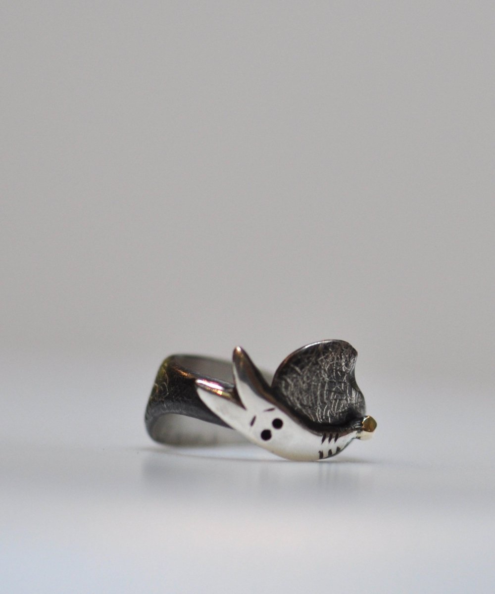 Handmade sterling silver adjustable whimsical dog ring with gold heart and dark patina, unique dog lovers jewelry