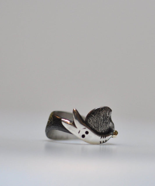 Handmade sterling silver adjustable whimsical dog ring with gold heart and dark patina, unique dog lovers jewelry