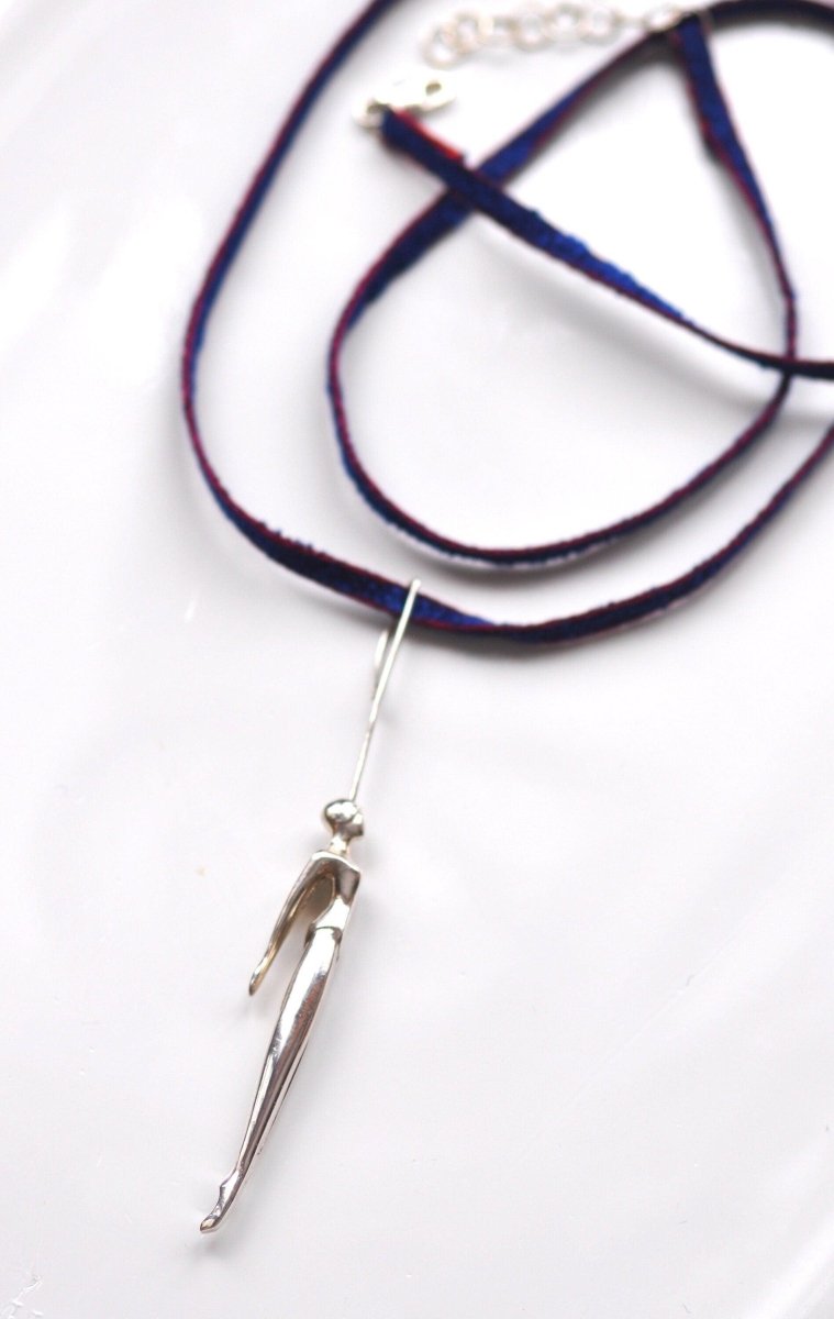 Handmade sterling silver artistic swimmer pendant necklace, elongated female figure wearable sculpture, made in Barcelona