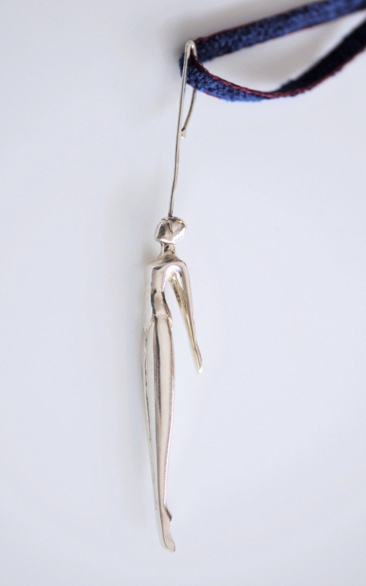 Handmade sterling silver artistic swimmer pendant necklace, elongated female figure wearable sculpture, made in Barcelona
