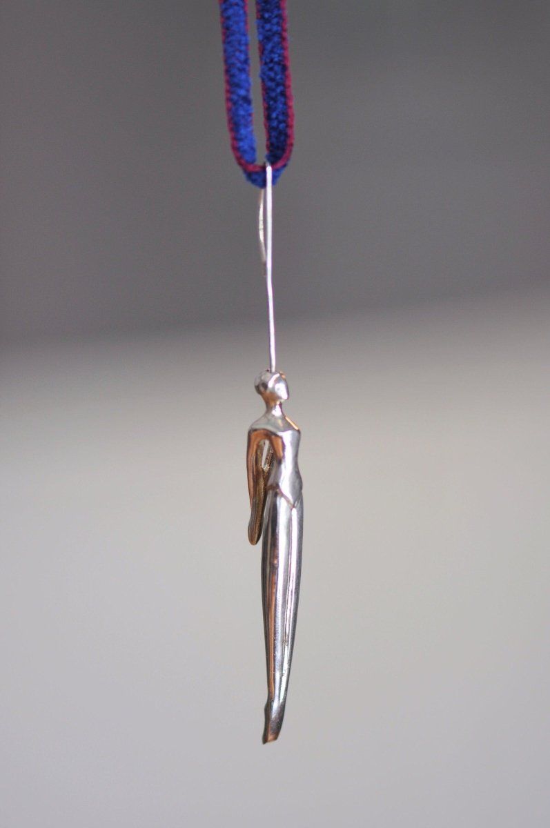 Handmade sterling silver artistic swimmer pendant necklace, elongated female figure wearable sculpture, made in Barcelona