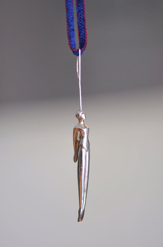 Handmade sterling silver artistic swimmer pendant necklace, elongated female figure wearable sculpture, made in Barcelona