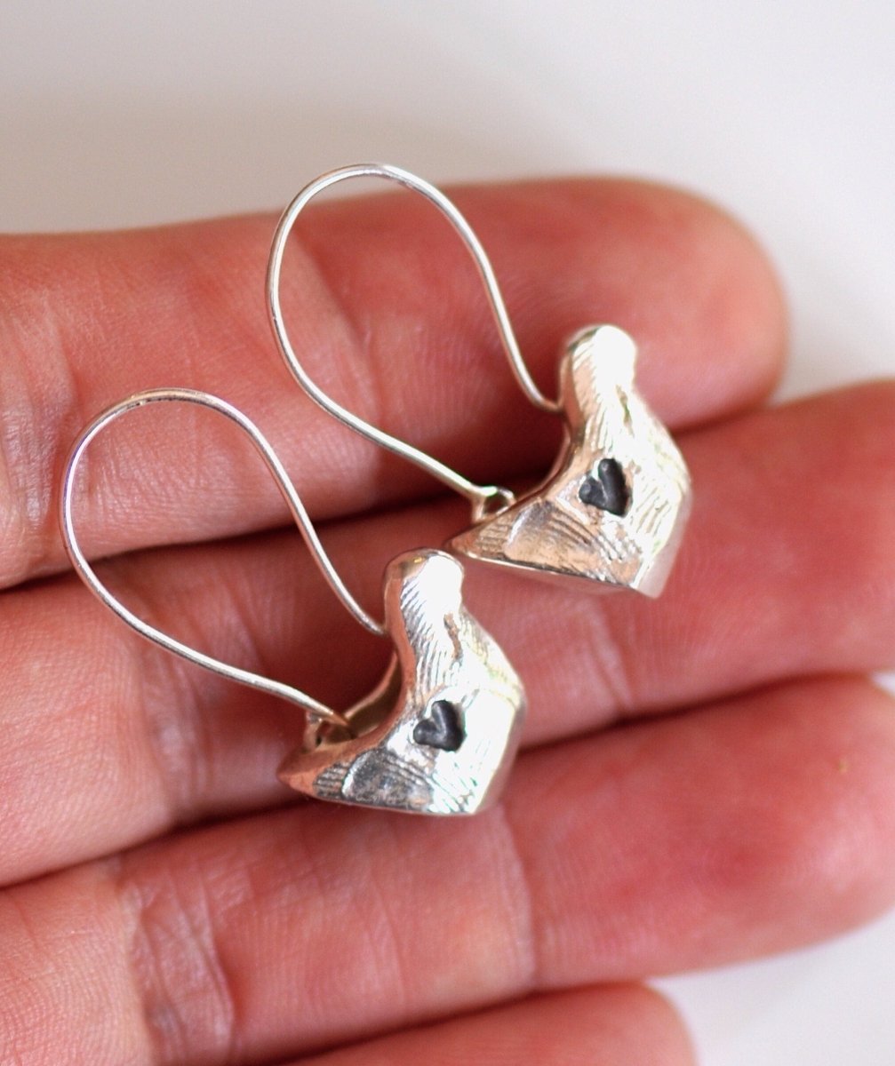 Handmade sterling silver bird charm earrings, whimsical nature jewelry, made in Barcelona