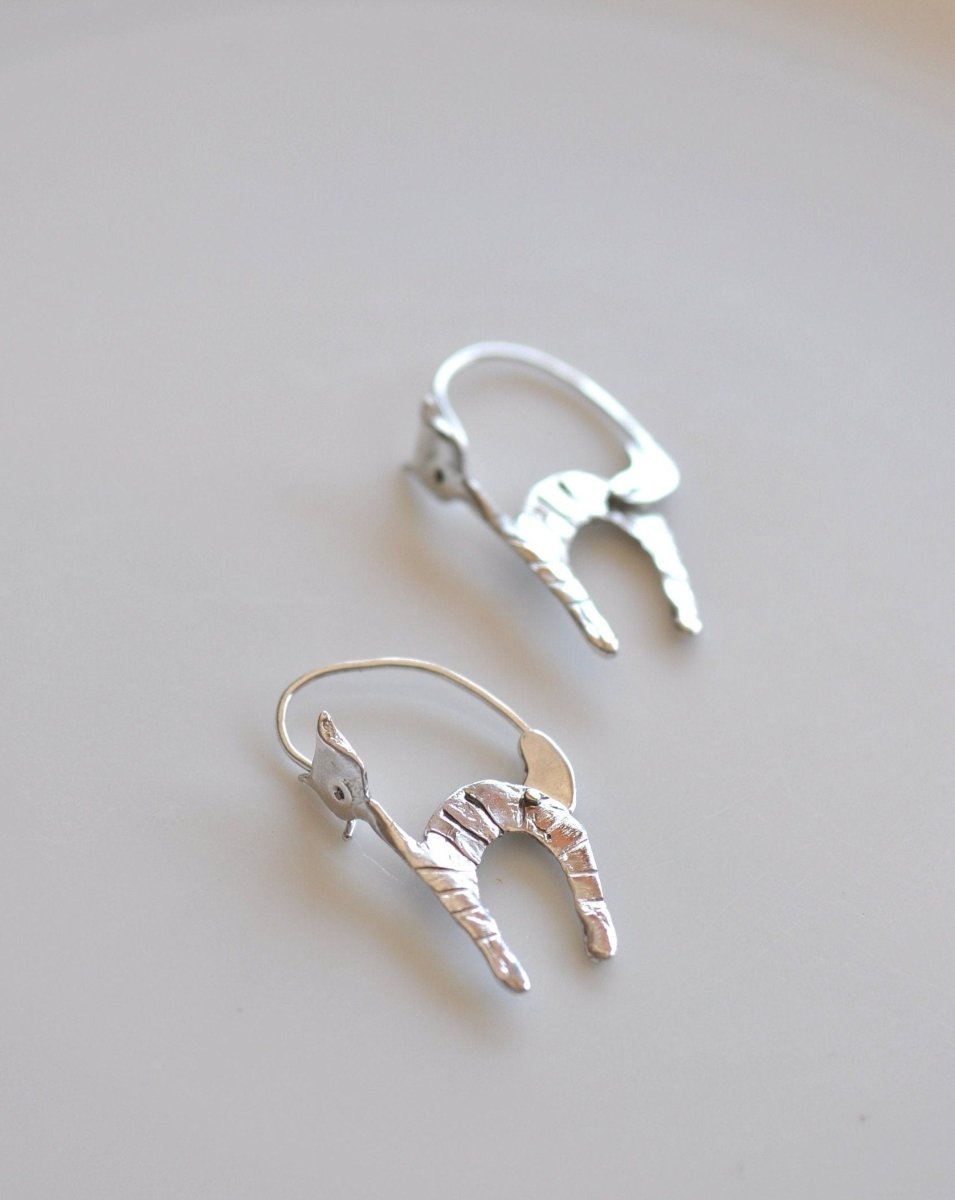 Handmade sterling silver cat hoop earrings with striped cat design, whimsical cat jewelry