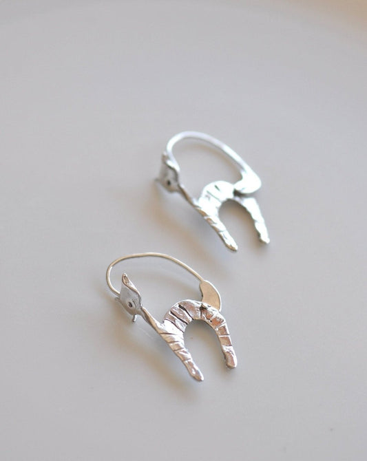 Handmade sterling silver cat hoop earrings with striped cat design, whimsical cat jewelry