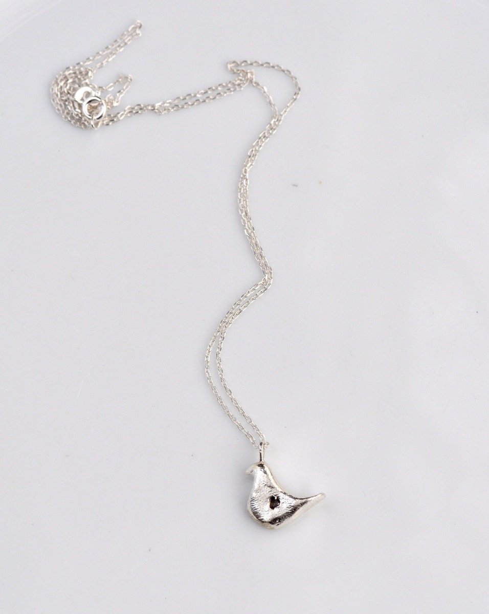 Silver Dainty Bird Charm necklace, bird with heart charm, unique Whimsical jewelry, made in Barcelona