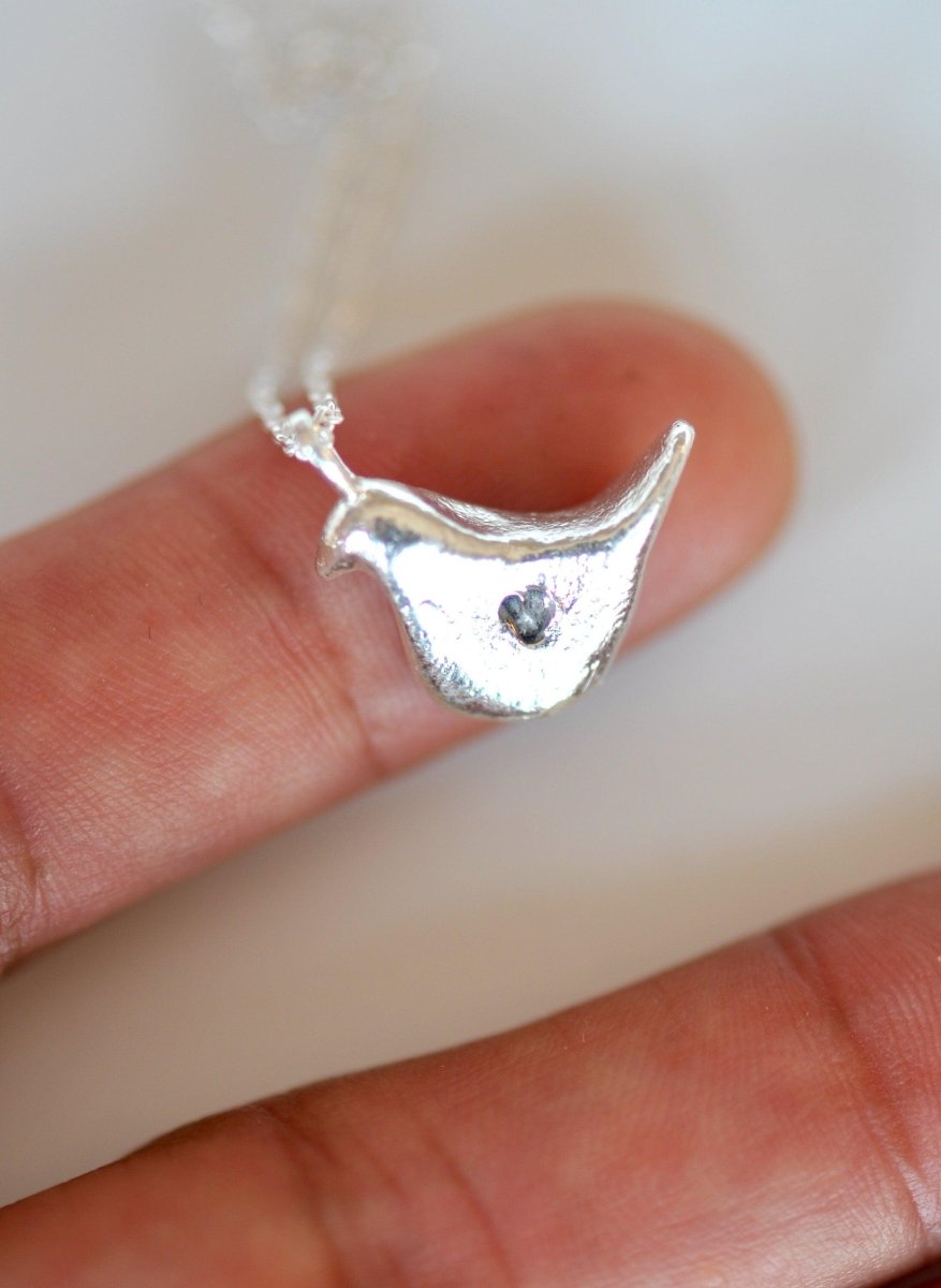 Silver Dainty Bird Charm necklace, bird with heart charm, unique Whimsical jewelry, made in Barcelona