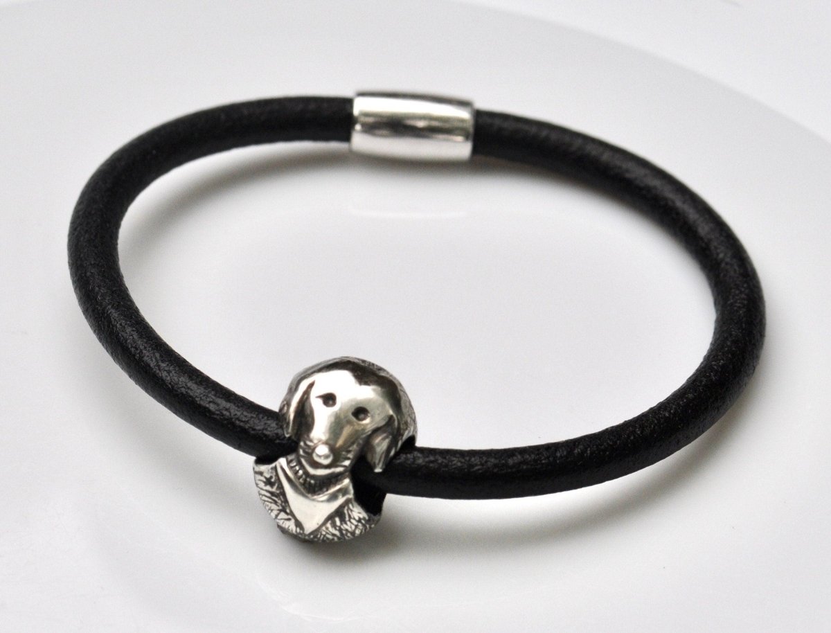 Handmade sterling silver dog charm leather bracelet with 14k gold heart accent and magnetic clasp, dog lovers jewelry