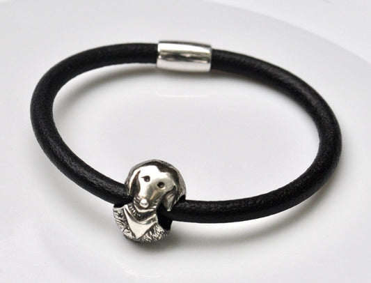 Handmade sterling silver dog charm leather bracelet with 14k gold heart accent and magnetic clasp, dog lovers jewelry