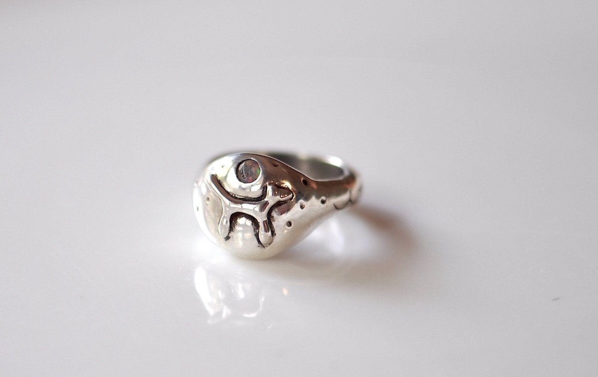 Handmade sterling silver dog design ring with opal gemstone and full moon, whimsical dog lovers jewelry