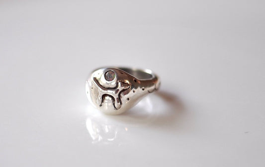 Handmade sterling silver dog design ring with opal gemstone and full moon, whimsical dog lovers jewelry