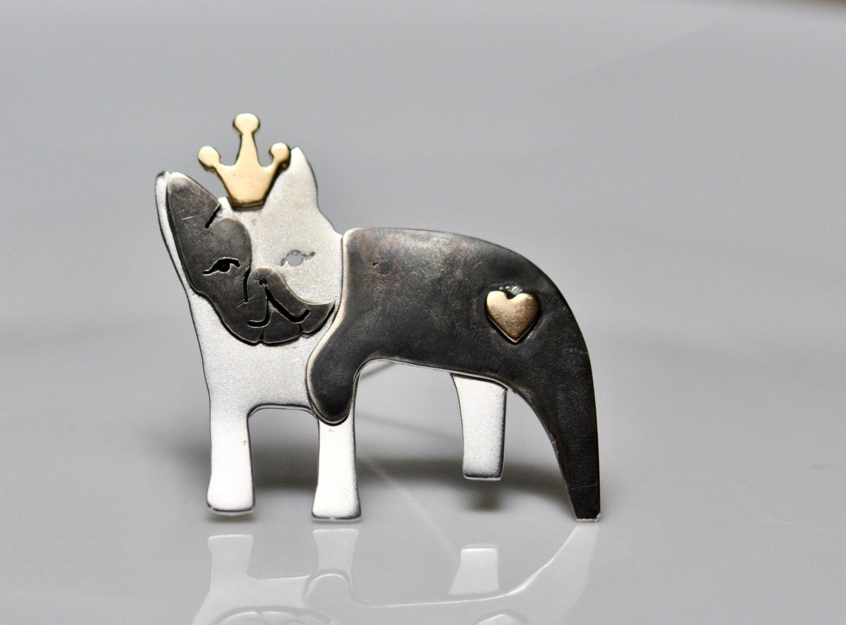 Handmade sterling silver French bulldog brooch with 14k gold crown and heart accents, black patina dog lovers jewelry