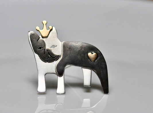 Handmade sterling silver French bulldog brooch with 14k gold crown and heart accents, black patina dog lovers jewelry