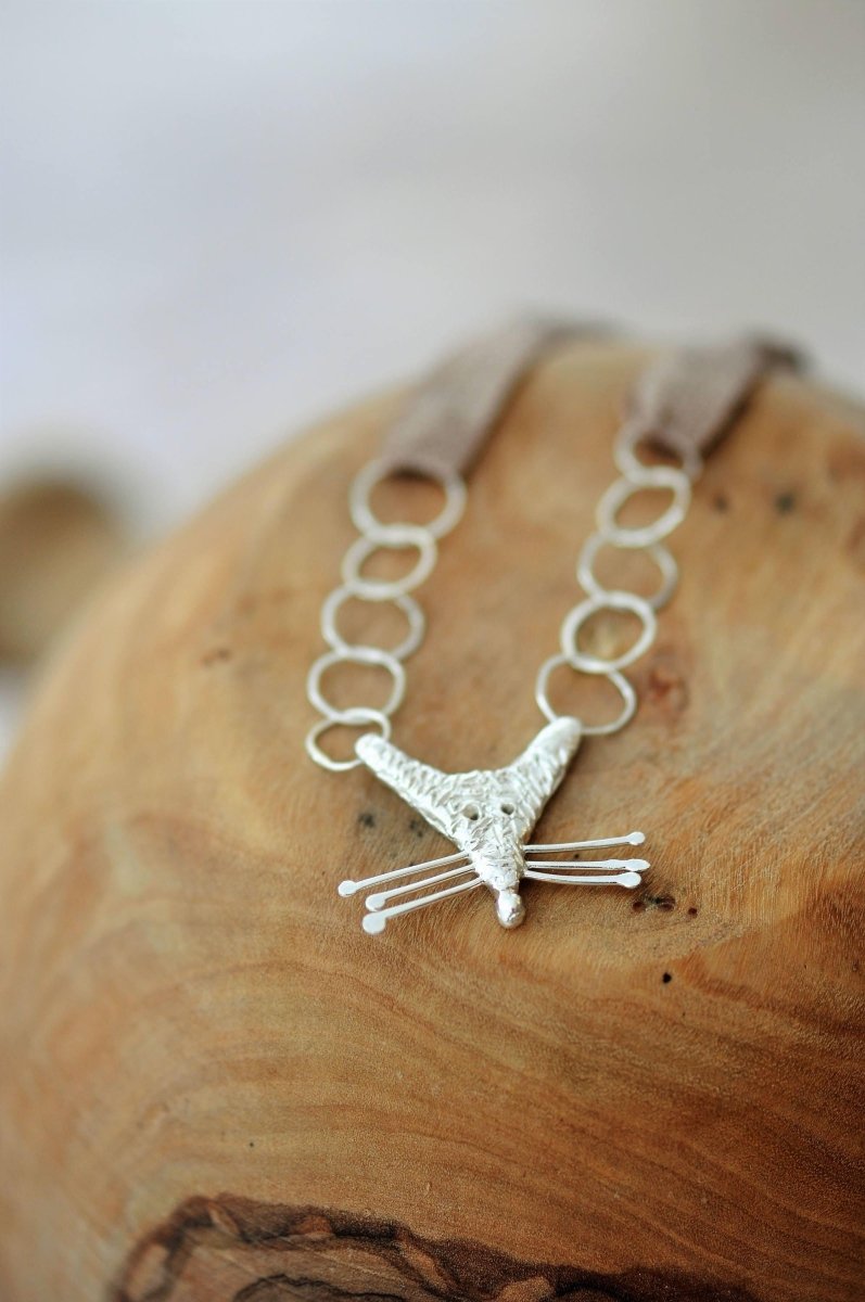 Handmade sterling silver quirky rat necklace with wire whiskers on chunky link chain, whimsical animal jewelry