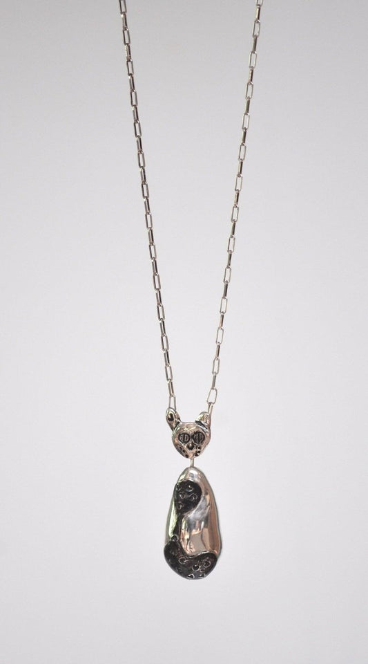 Handmade sterling silver tuxedo cat pendant necklace, whimsical cat jewelry with black patina