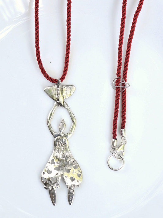 Handmade Sterling silver whimsical woman with bird pendant, red cord necklace, wearable sculpture jewelry, made in Barcelona