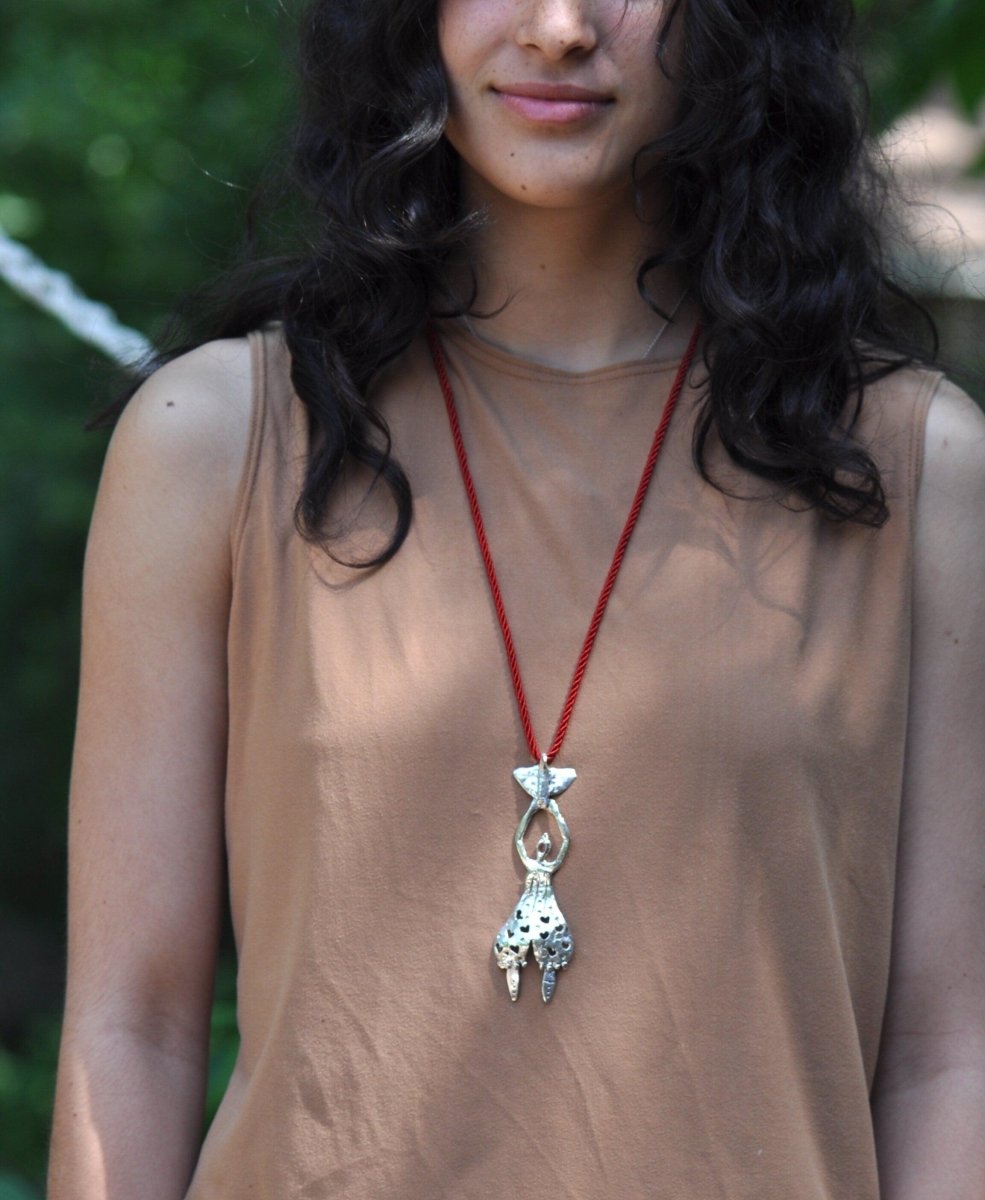 Handmade Sterling silver whimsical woman with bird pendant, red cord necklace, wearable sculpture jewelry, made in Barcelona